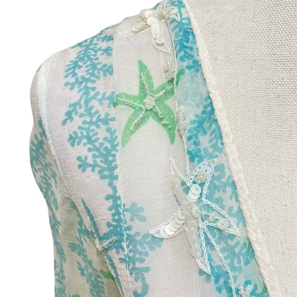 Letarte sheer handmade 100% silk beaded tunic top white & turquoise size small - Picture 4 of 11